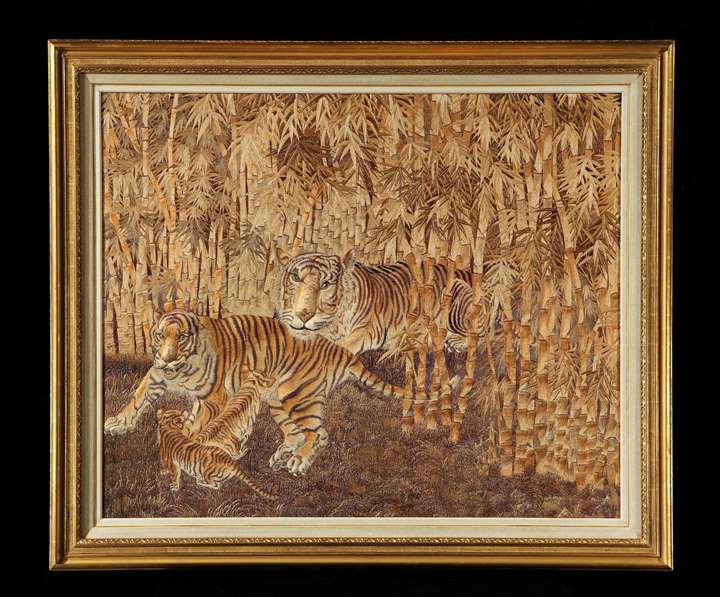 A VICTORIAN PERIOD JAPANESE EMBROIDERED SILK PANEL OF A TIGER FAMILY